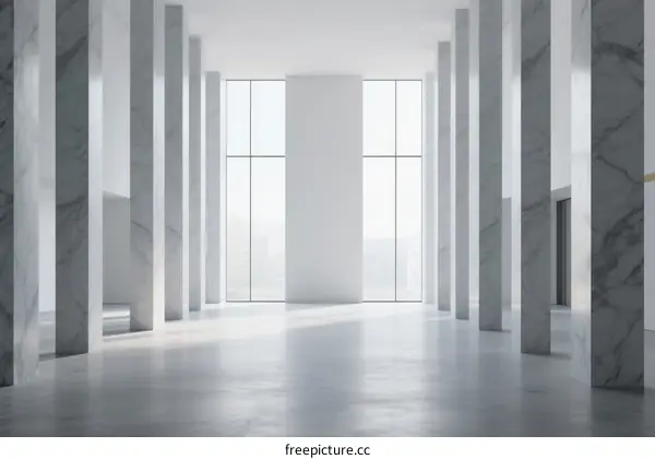 Spacious White Hall with Marble Columns and Large Windows