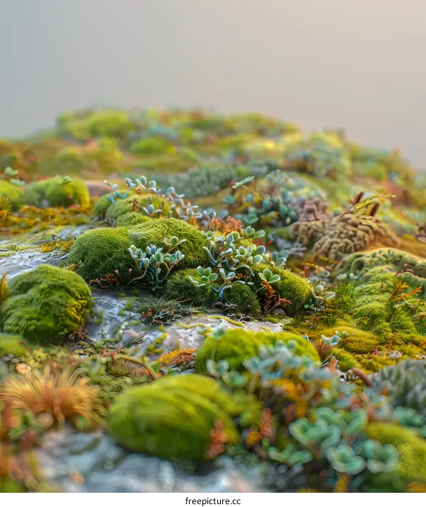 Close Up Of Green Moss And Plants Growing On A Rock