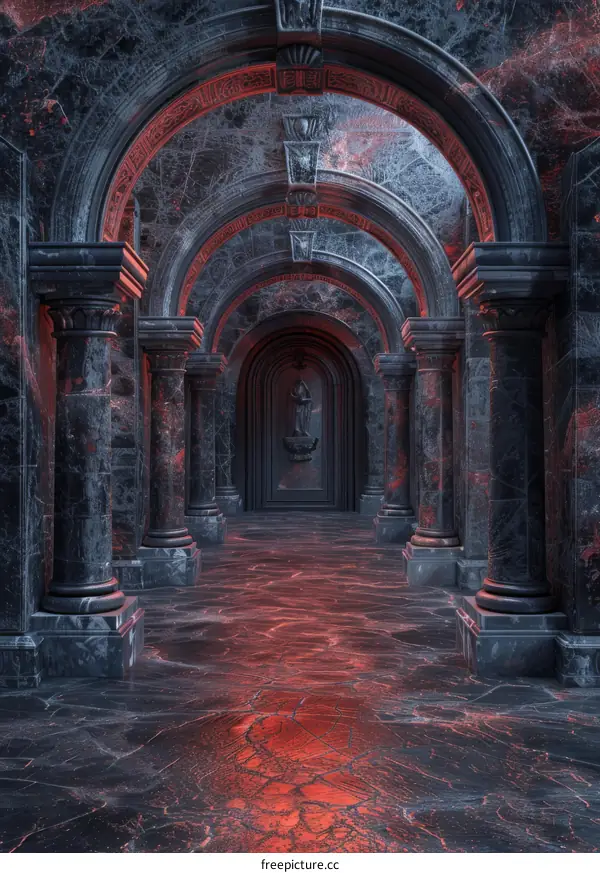 Dark Marble Hallway with Red Light