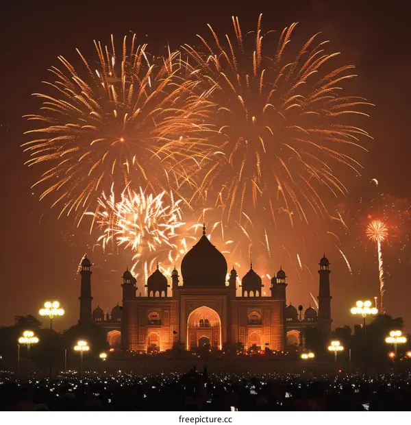 Lahore Fort illuminated with fireworks during Diwali celebrations
