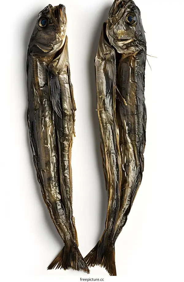 Two dried fish on white background