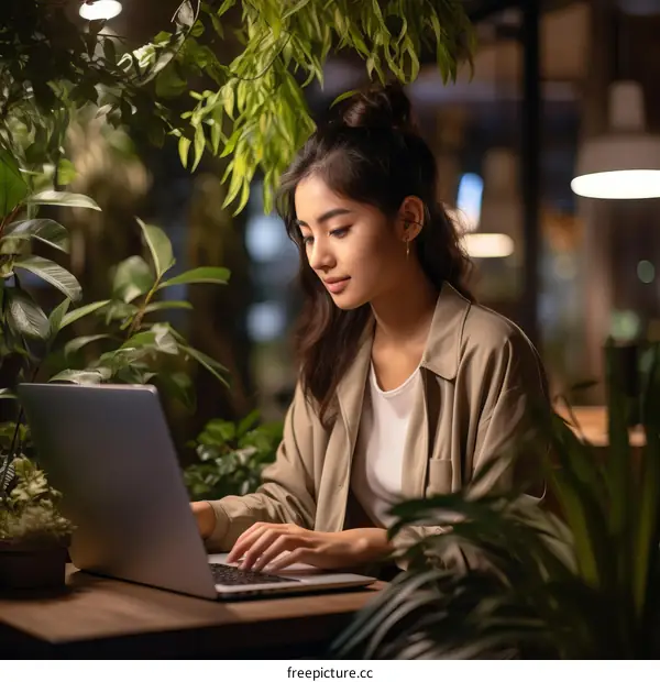 Young Asian woman working on laptop in cafe surrounded by plants