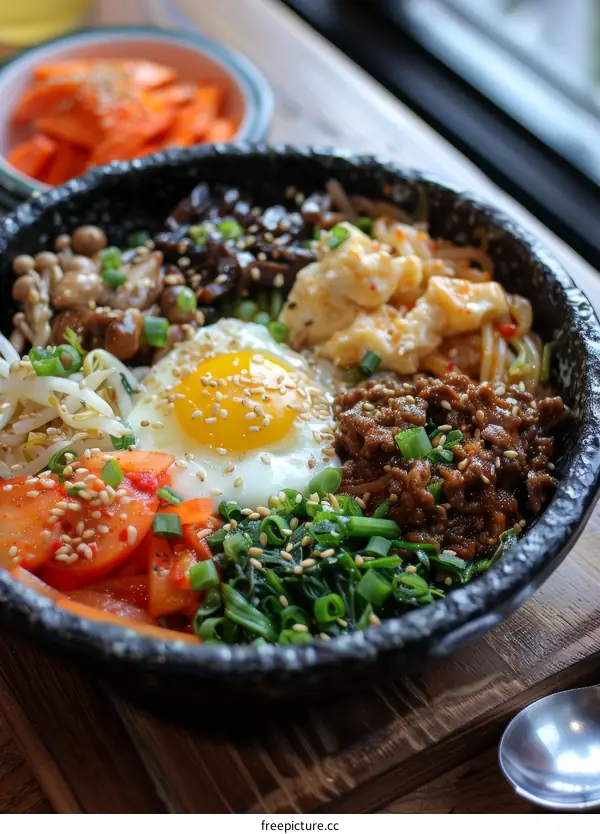 Dolsot Bibimbap: Korean Rice Bowl with Egg, Kimchi & Side Dishes