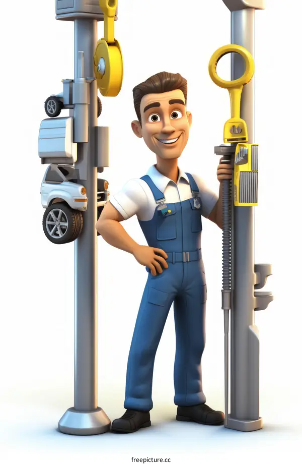 Cartoon image of a mechanic in a blue jumpsuit
