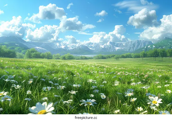 Flowing White Daisy Field at Majestic Mountain Base