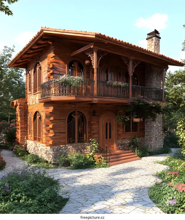 Wooden Cottage with Stone Fireplace and Balcony