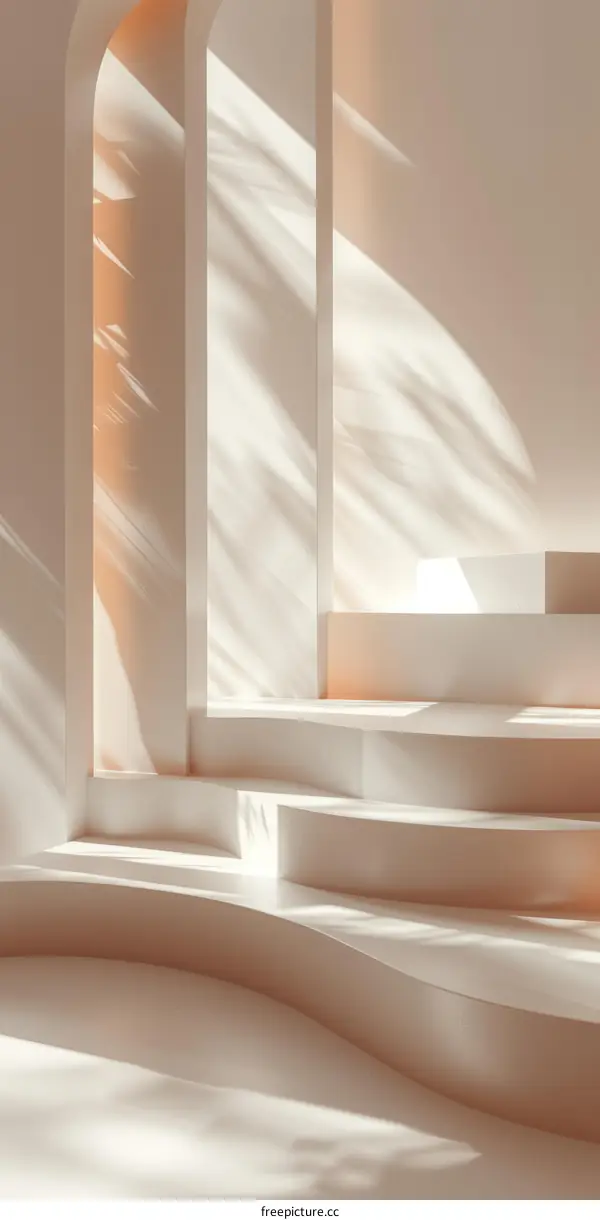 3D rendering of a minimalist room with a curved staircase and arched openings