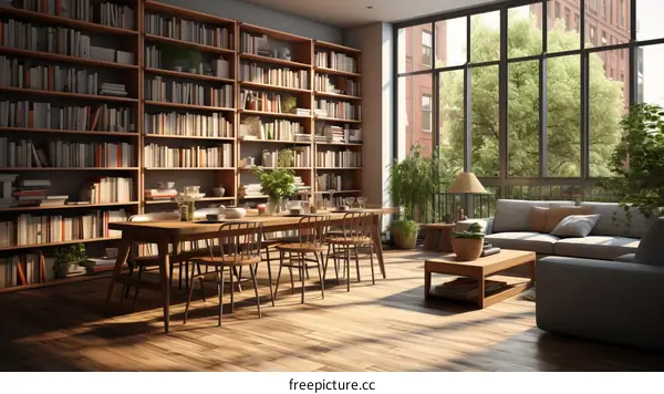 bookshelf living room interior design home library furniture wood table chair decoration cozy stylish modern