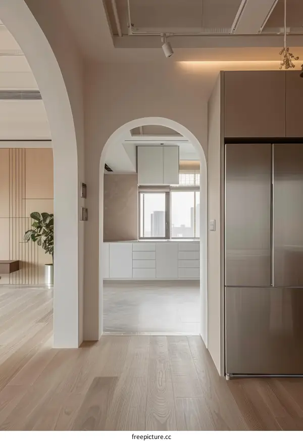 Modern Beige Arch Entryway with Wood Floors