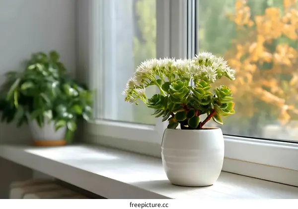 Indoor Plant on Window Sill with Autumnal Background