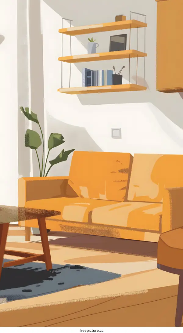 Modern living room with a yellow couch and wooden shelf