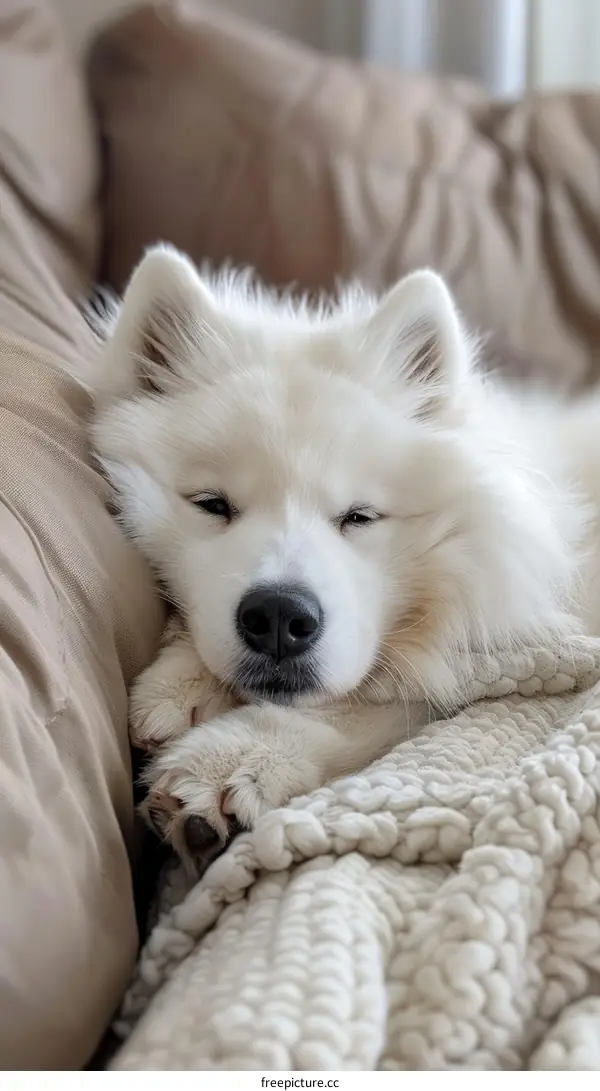 A Snoozing White Dog on a Cozy Couch