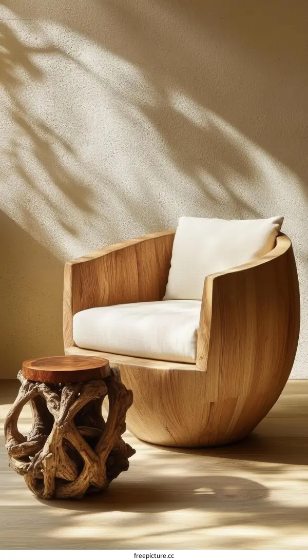 Modern Wooden Armchair and Side Table