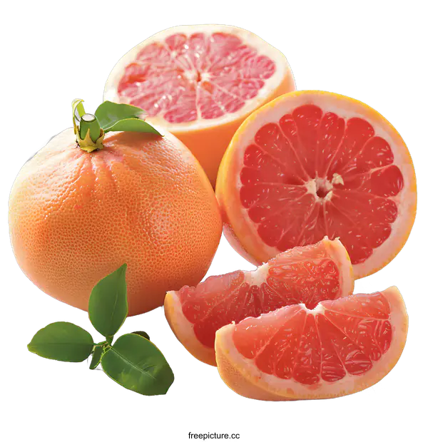 [Transparent Background PNG]Fresh Ripe Grapefruit Slices and Whole Fruit on White Background