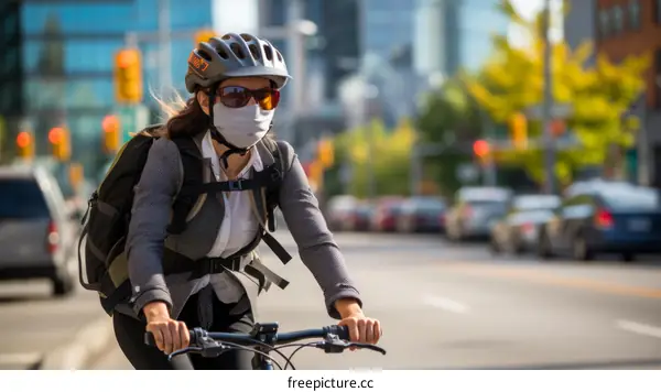 Cyclist wearing a mask rides in the city