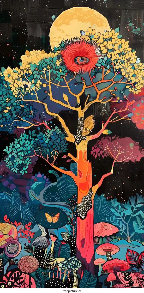 Surreal Nighttime Forest Illustration With Mushrooms And Butterflies