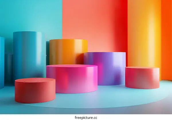 3D Geometric Cylinder Podiums for Product Display on Blue Background