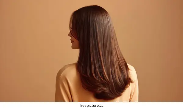 Woman with Smooth Brown Hair Against a Beige Background