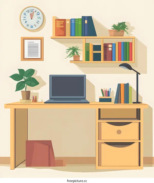 Modern Home Office Desk With Laptop and Shelf