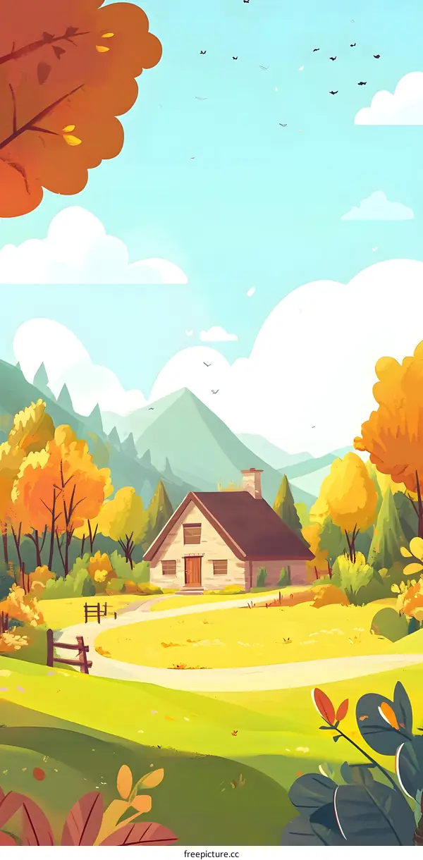 Autumn Cottage Landscape Illustration