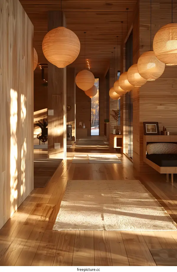 Wooden house interior with a long corridor and a lot of round wicker lamps