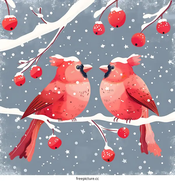 Two Red Cardinals on Snowy Branch with Berries
