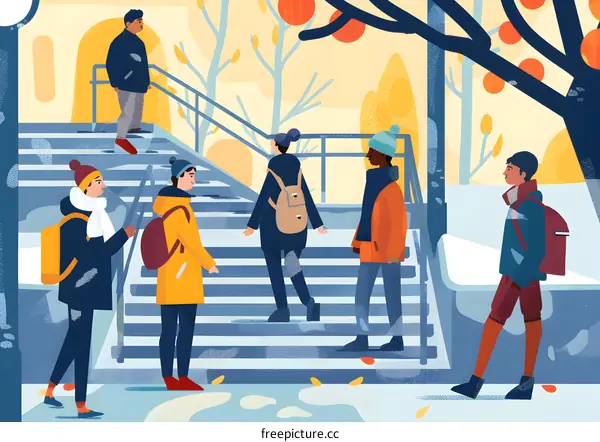 Five Friends Walking Up Stairs In Winter