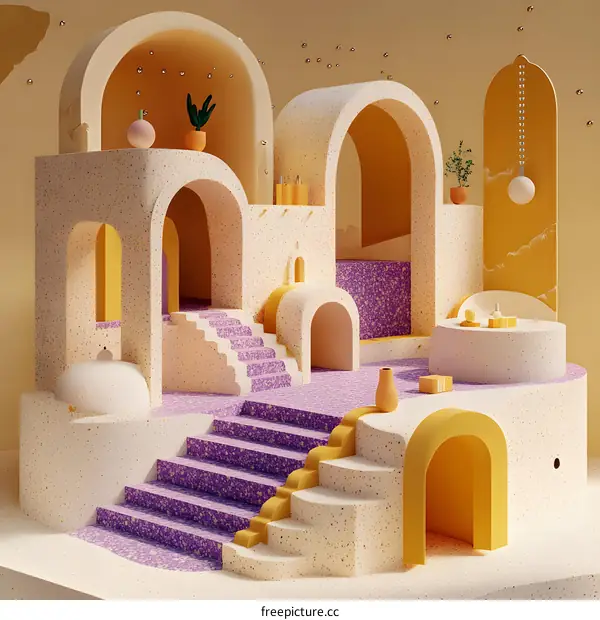 Abstract 3D Illustration of a Building with Arches and Stairs