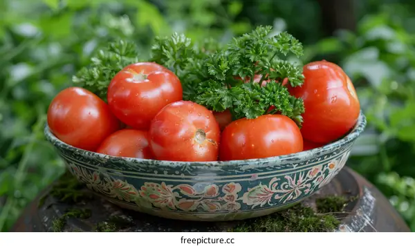A bowl of ripe red tomatoes with parsley on a wooden table