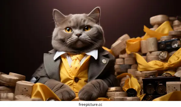 British Shorthair Cat in Suit and Tie on Gold Coins