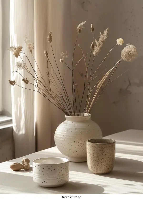 Dried Flower Arrangement in Ceramic Vase on Table