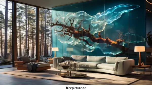 Blue and White Living Room with Tree Wall Sculpture