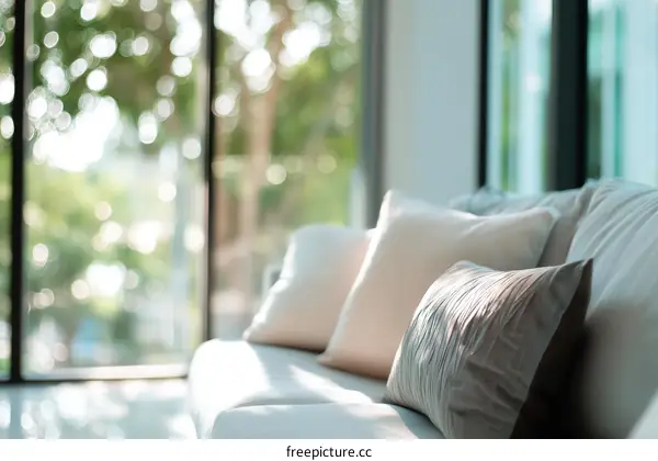 Modern Living Room Sofa with Pillows and Sunlight