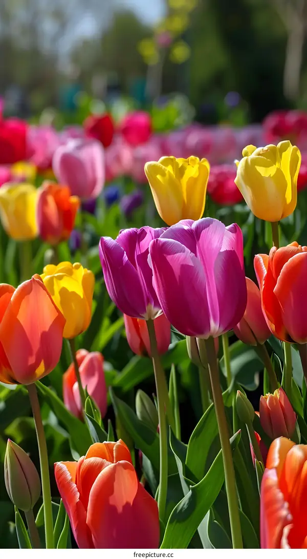 Closeup of Colorful Tulips in a Garden