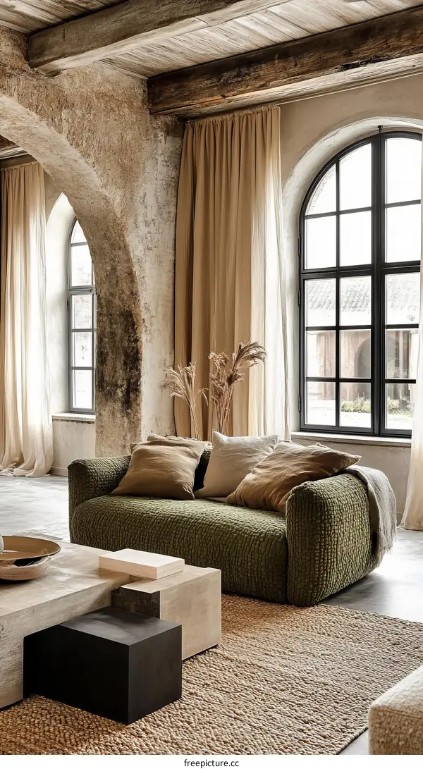 Rustic Modern Living Room Sofa with Beige Curtains