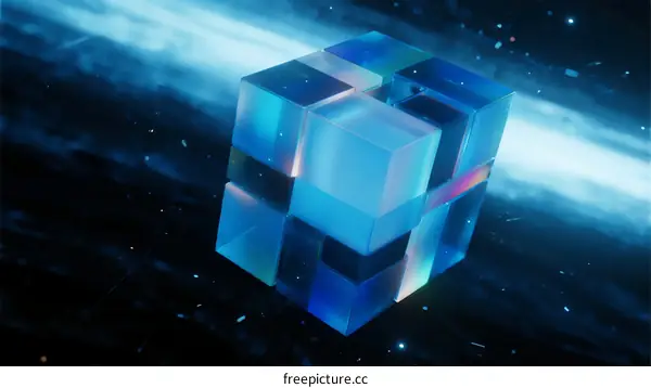 A Glowing Blue Cube Structure in Outer Space Background