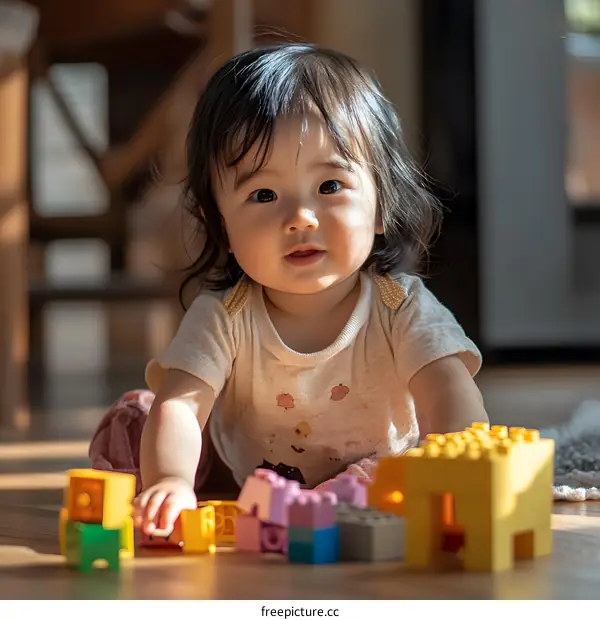 Cute Baby Girl Playing with Building Blocks