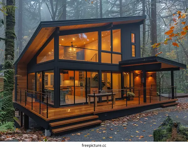 Modern Two-Story Cabin in the Woods with Large Windows