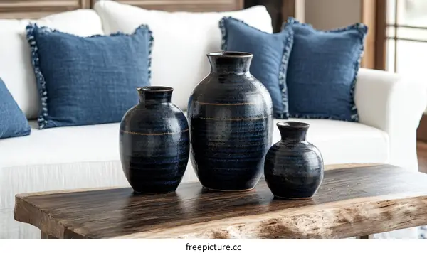 Three Dark Blue Vases on a Wooden Coffee Table