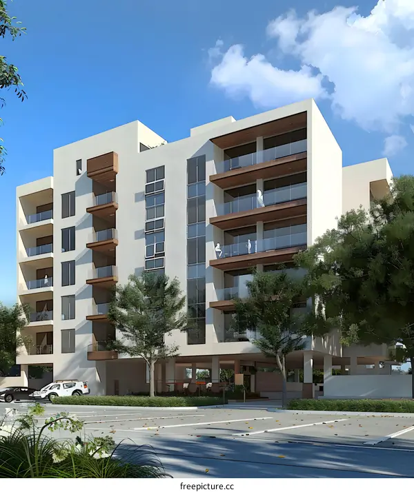 Modern Apartment Building with Balconies and Green Trees