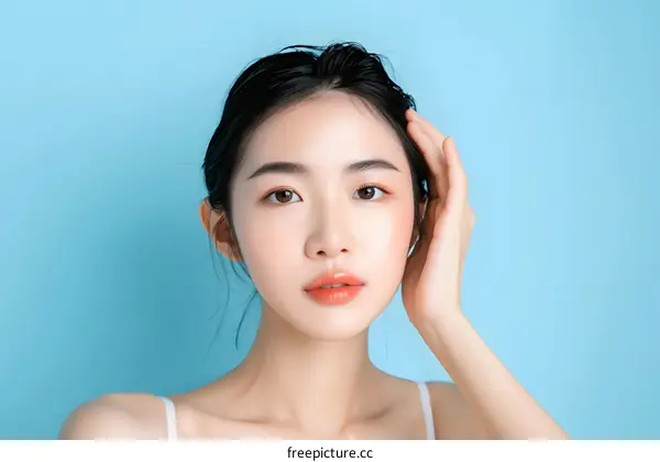 Beautiful Asian Woman With Smooth Skin Touching Her Hair