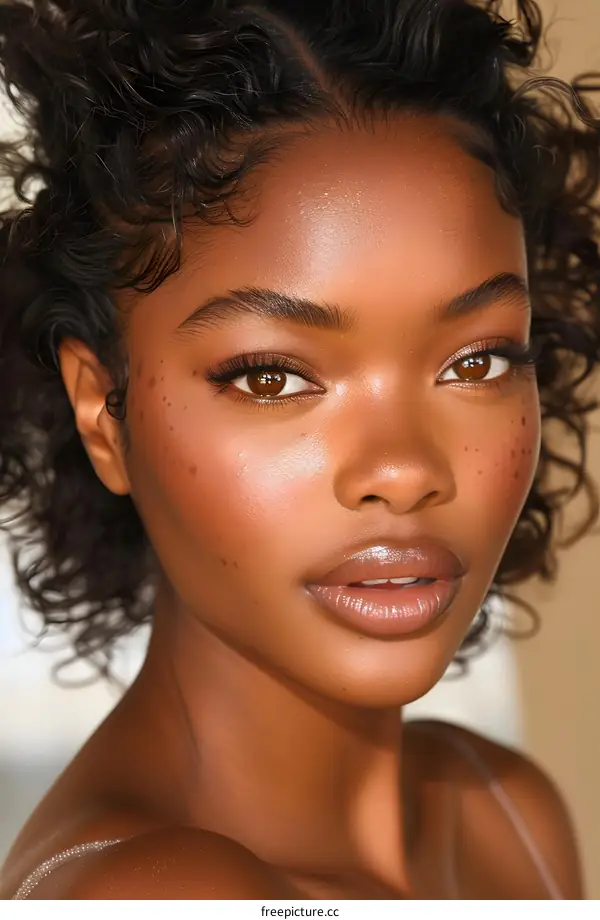 portrait of a young woman with curly hair and freckles