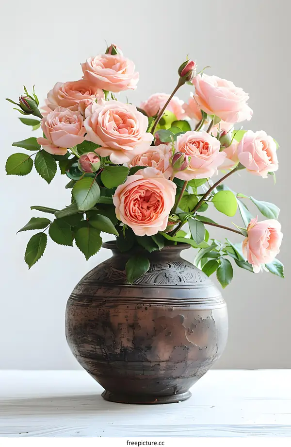 Bouquet of Pink Roses in a Rustic Vase