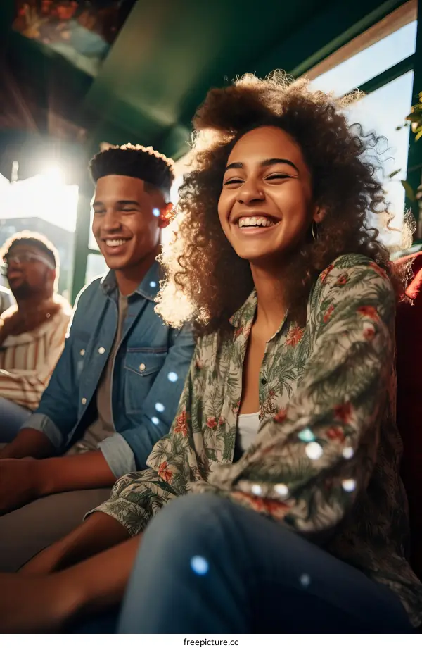 A group of young people are sitting on a couch and laughing.