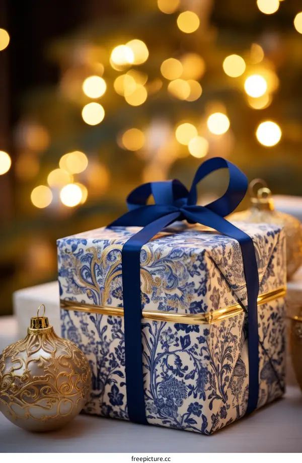 Blue and White Christmas Gift Box with Ribbon