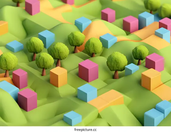 Abstract 3D Low Poly Landscape with Colorful Cubes and Trees