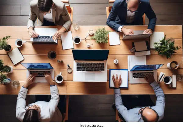 Colleagues working together at a wooden table