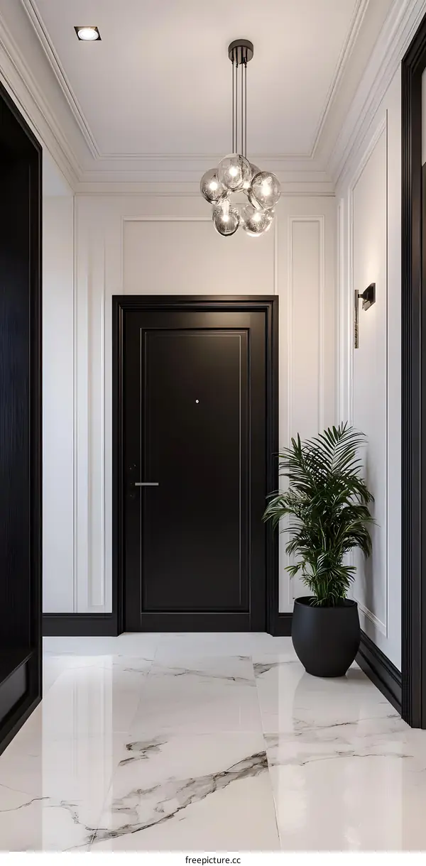 Modern Interior Design with Black Door and Marble Flooring