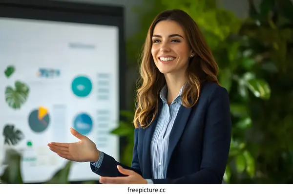 Businesswoman Giving Presentation with Charts and Graphs