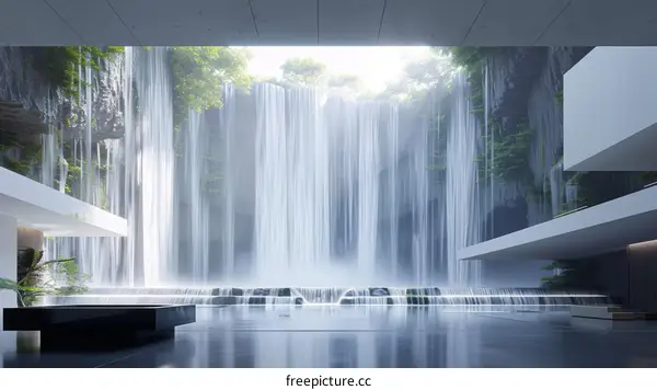 Lush Indoor Waterfall with Futuristic Architecture